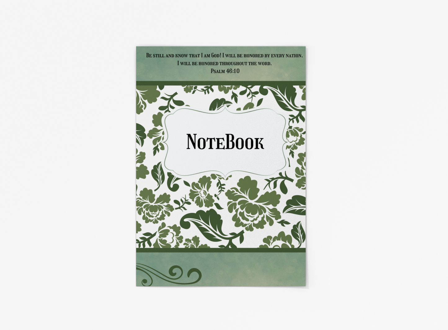 Notebook with green floral design and text on a white background