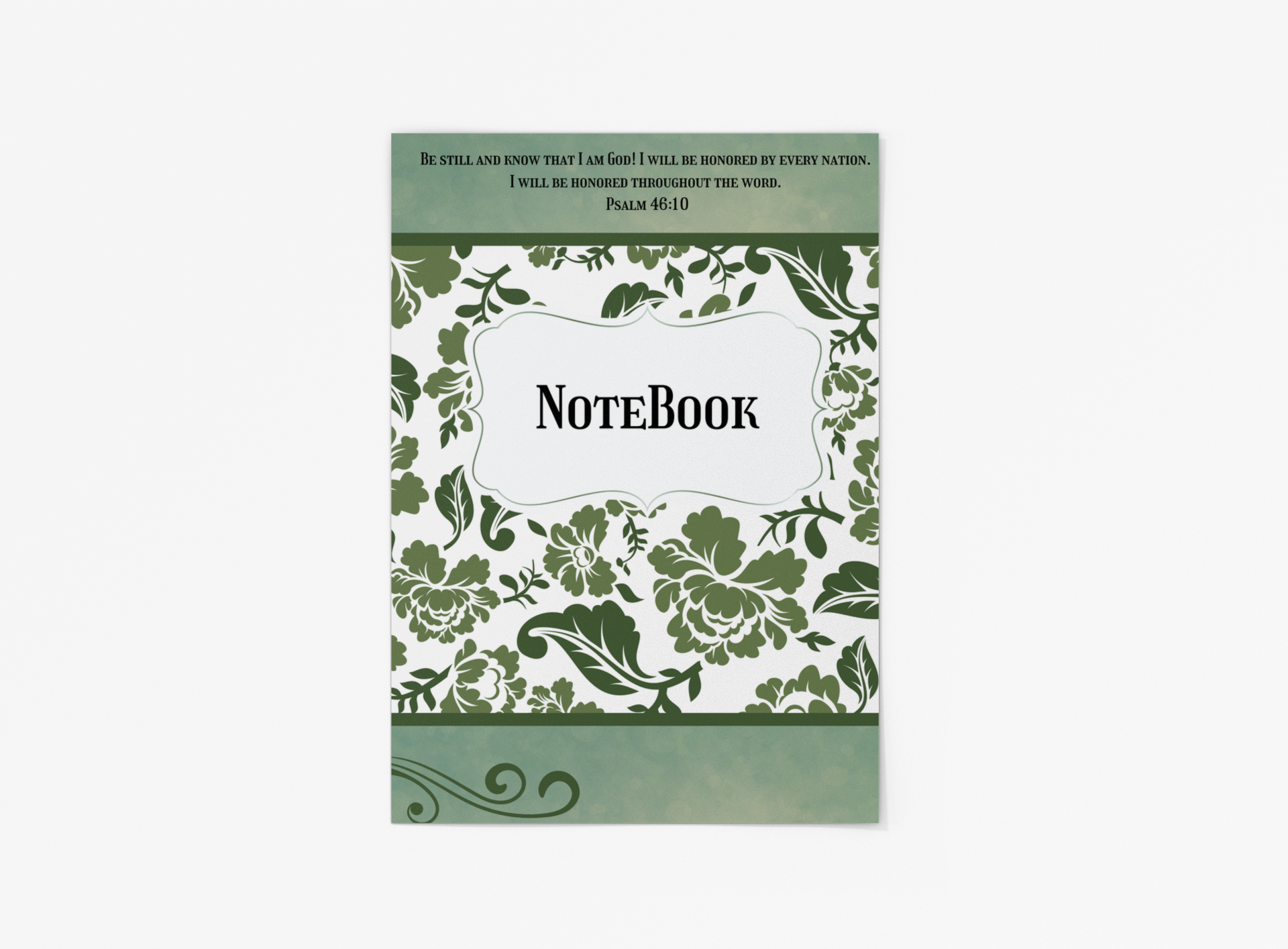 Notebook with green floral design and text on a white background