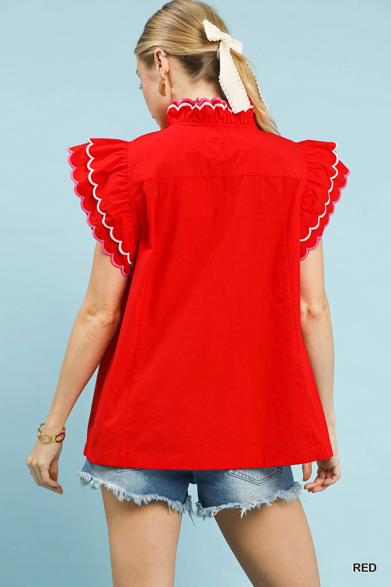 Scallop Trim Ruffle Sleeve Top
