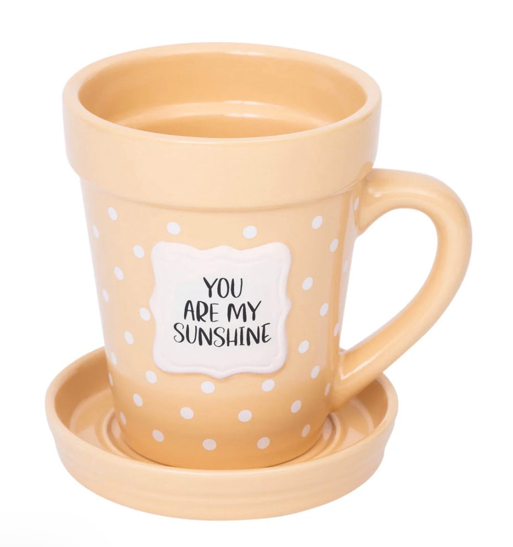 Flower Pot Mug “You are my Sunshine’ with saucer and spoon