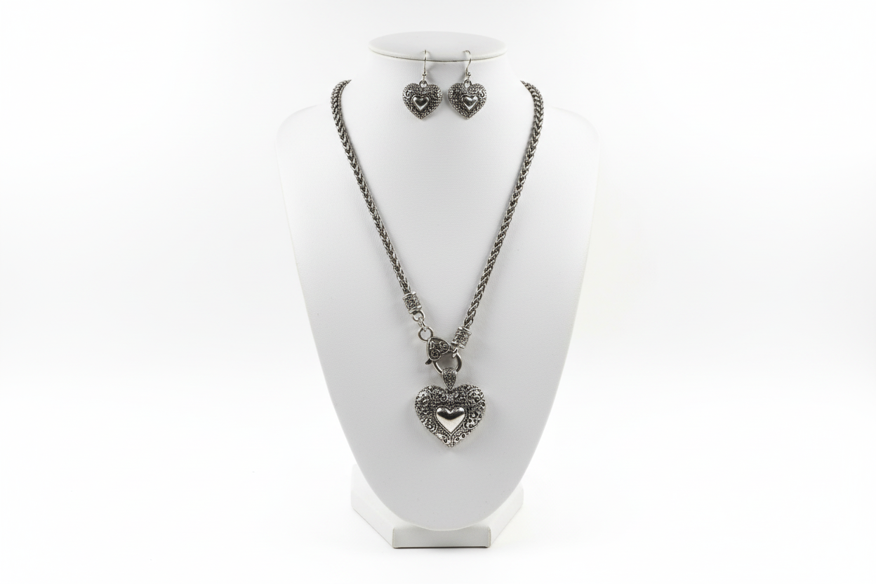 Silver-Tone Interlocking Heart Necklace & Earrings Set