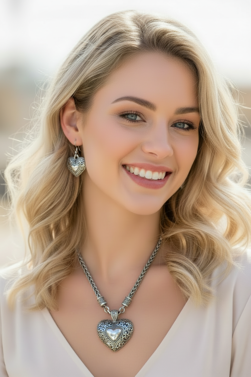 Silver-Tone Interlocking Heart Necklace & Earrings Set