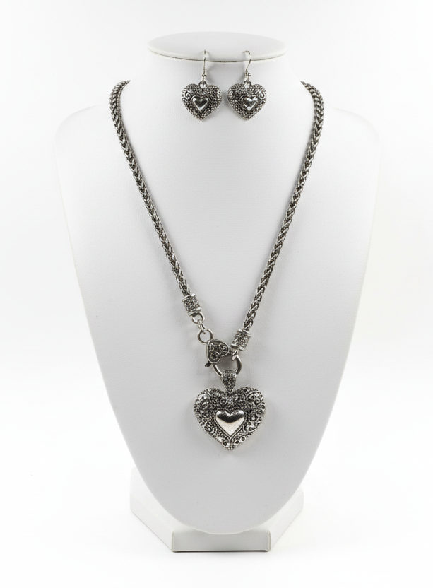 Silver-Tone Interlocking Heart Necklace & Earrings Set