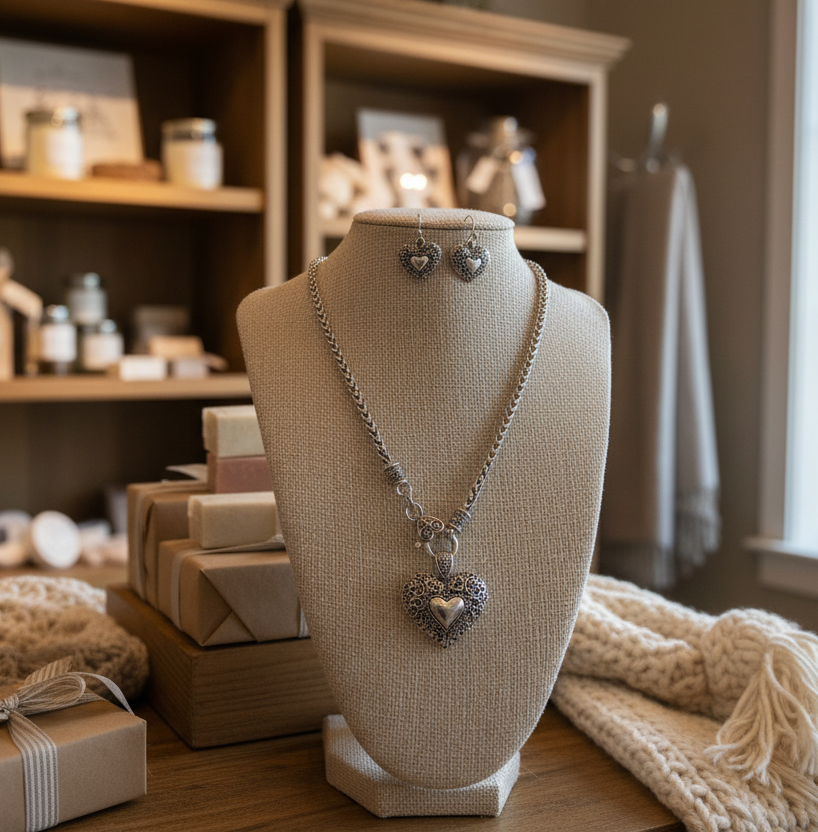 Silver-Tone Interlocking Heart Necklace & Earrings Set