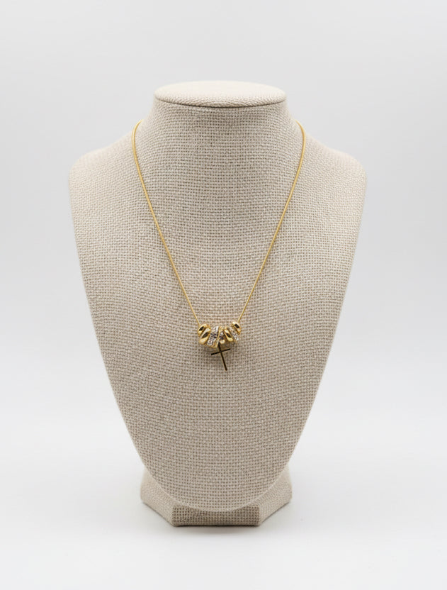 Gold‑Dipped Ringlet & Cross Necklace — Crystal‑Studded Accents