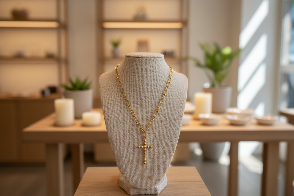 18K Gold Dipped Paper Clip Chain Beaded Cross Pendant (18”)