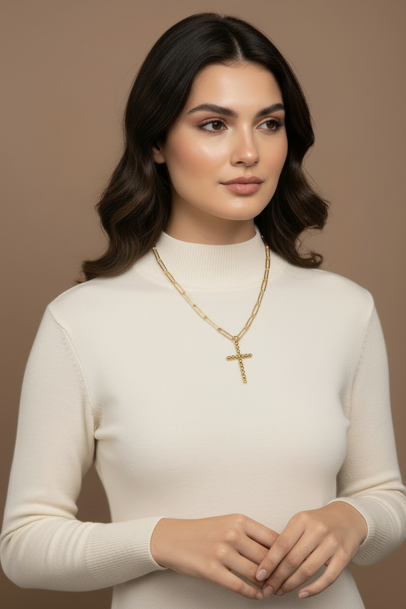 18K Gold Dipped Paper Clip Chain Beaded Cross Pendant (18”)