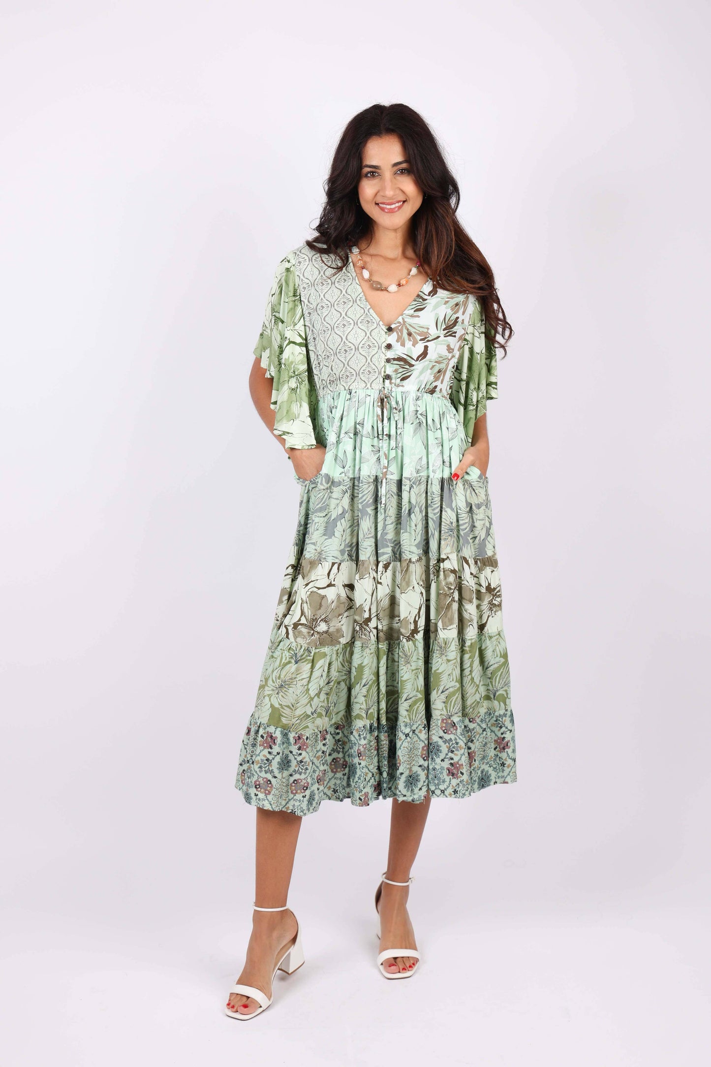 Flutter Sleeve Boho Dress: Mint Meadow Patchwork