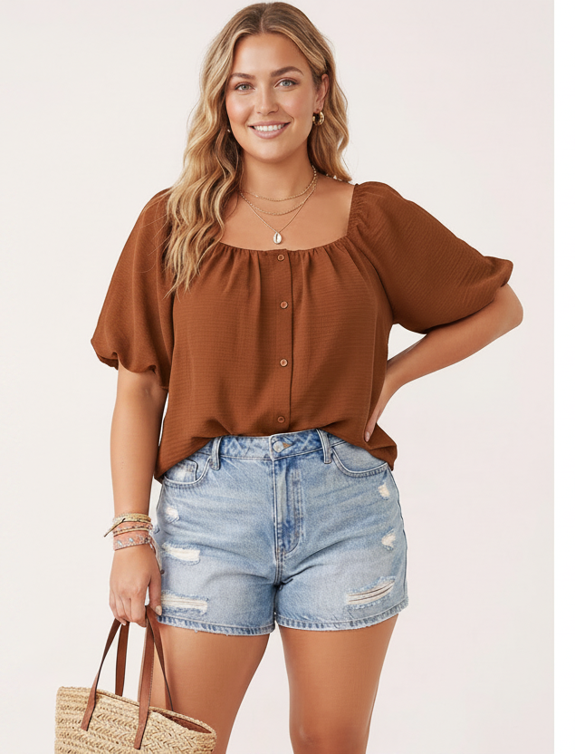 Plus Size Bubble Sleeve Button Front Blouse