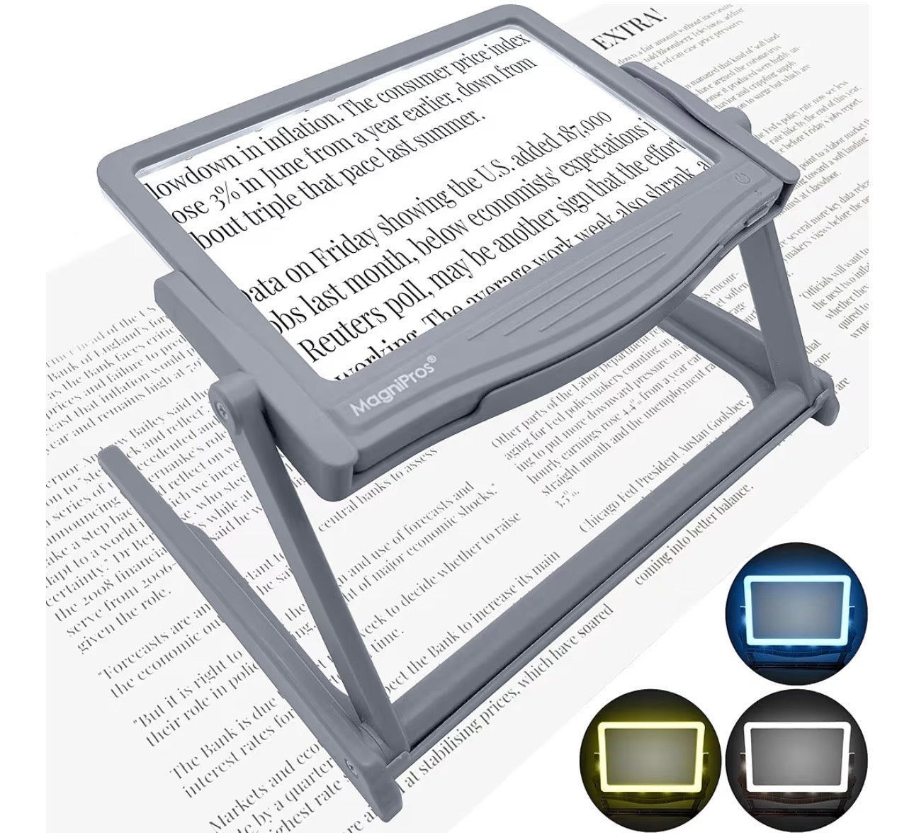 5X Large LED Full Page Magnifying Glass w/Collapsible Hands-Free Stand