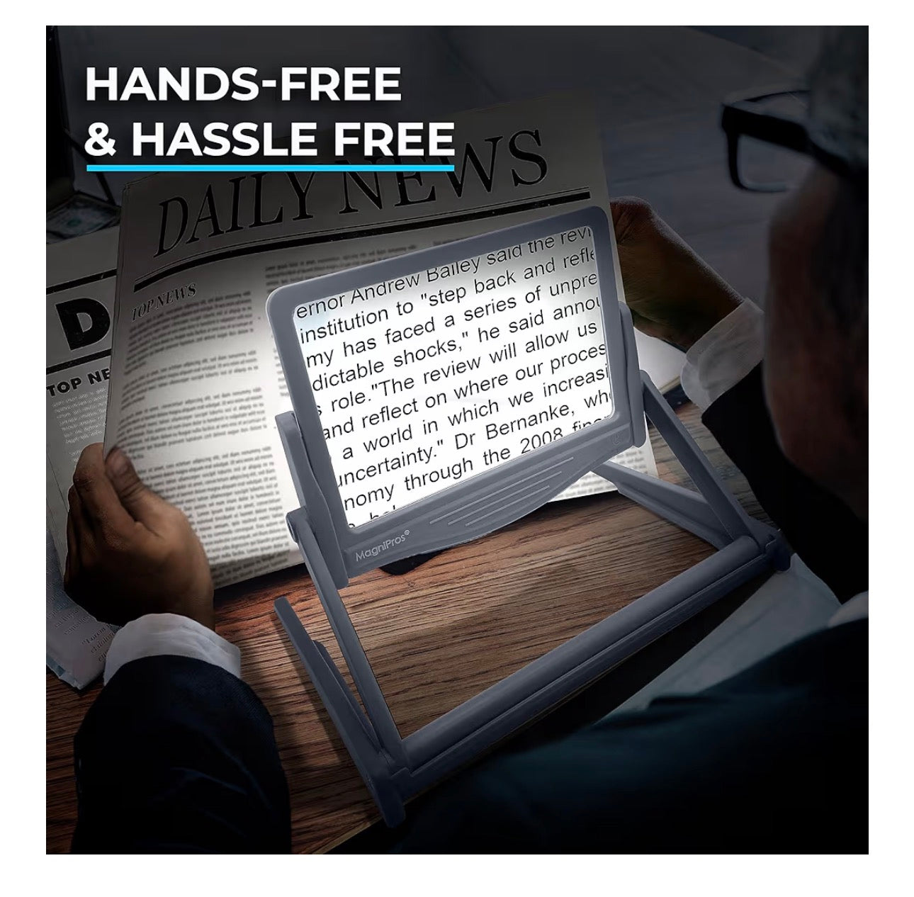 5X Large LED Full Page Magnifying Glass w/Collapsible Hands-Free Stand