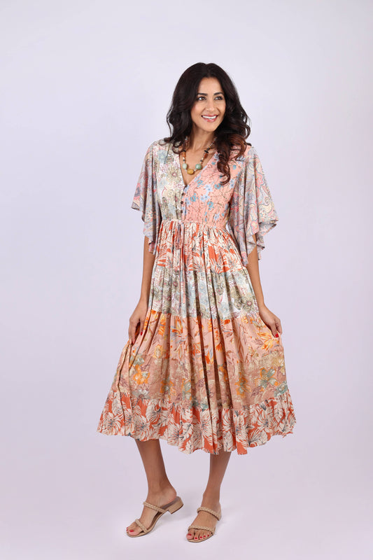Flutter Sleeve Boho Dress: Daydreamer Blossom Patchwork