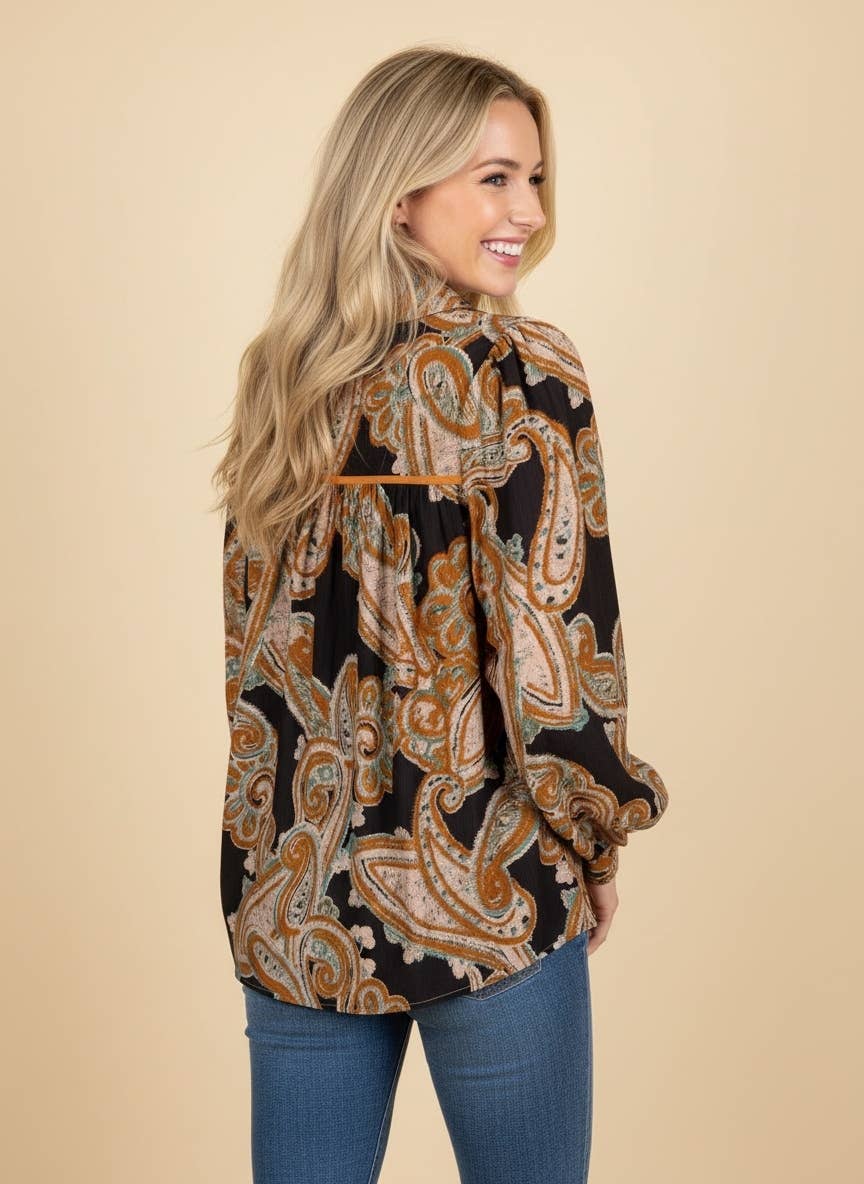 Paisley Balloon Sleeve V-Neck Blouse