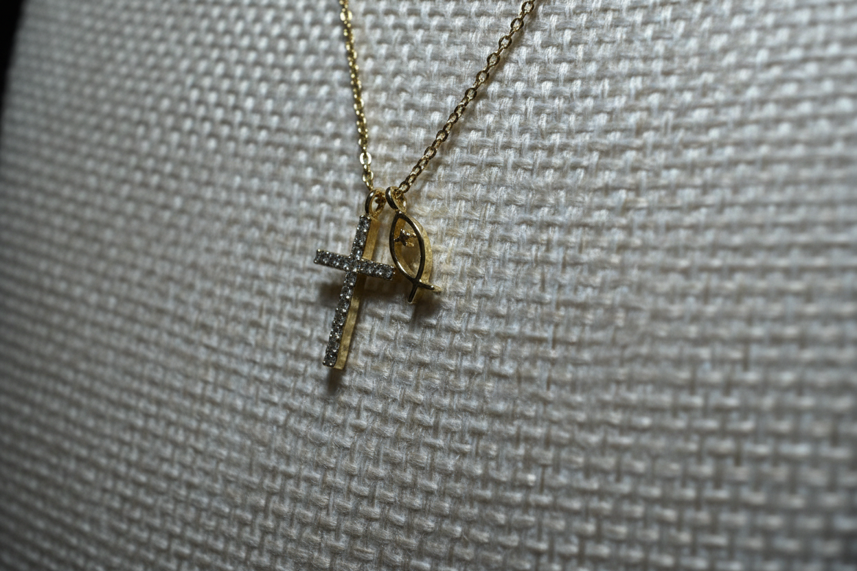 Gold necklace with a cross pendant on a textured fabric background