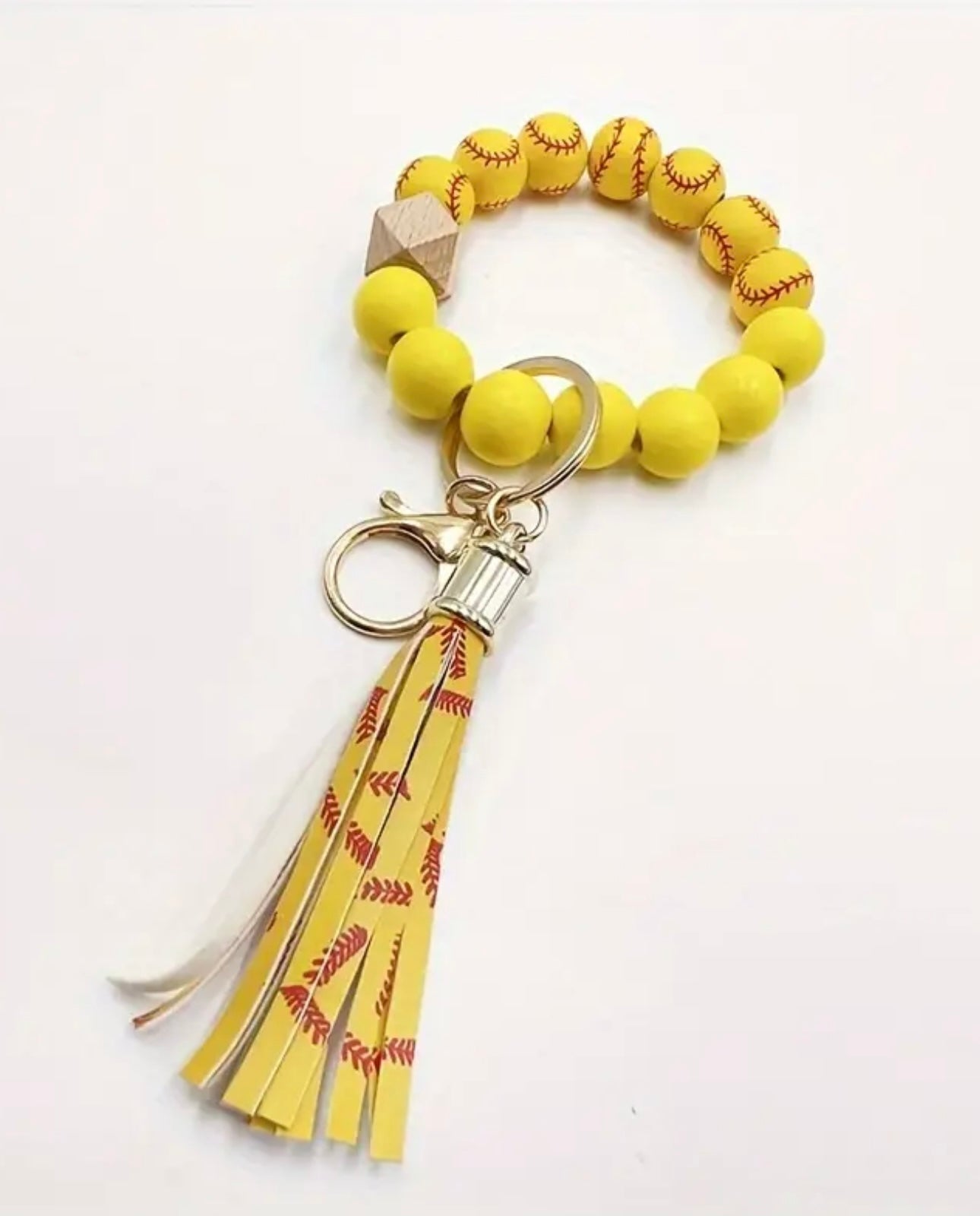 Wooden Beaded Softball Wristlet Keychain with PU Leather Tassel and Lobster Clasp