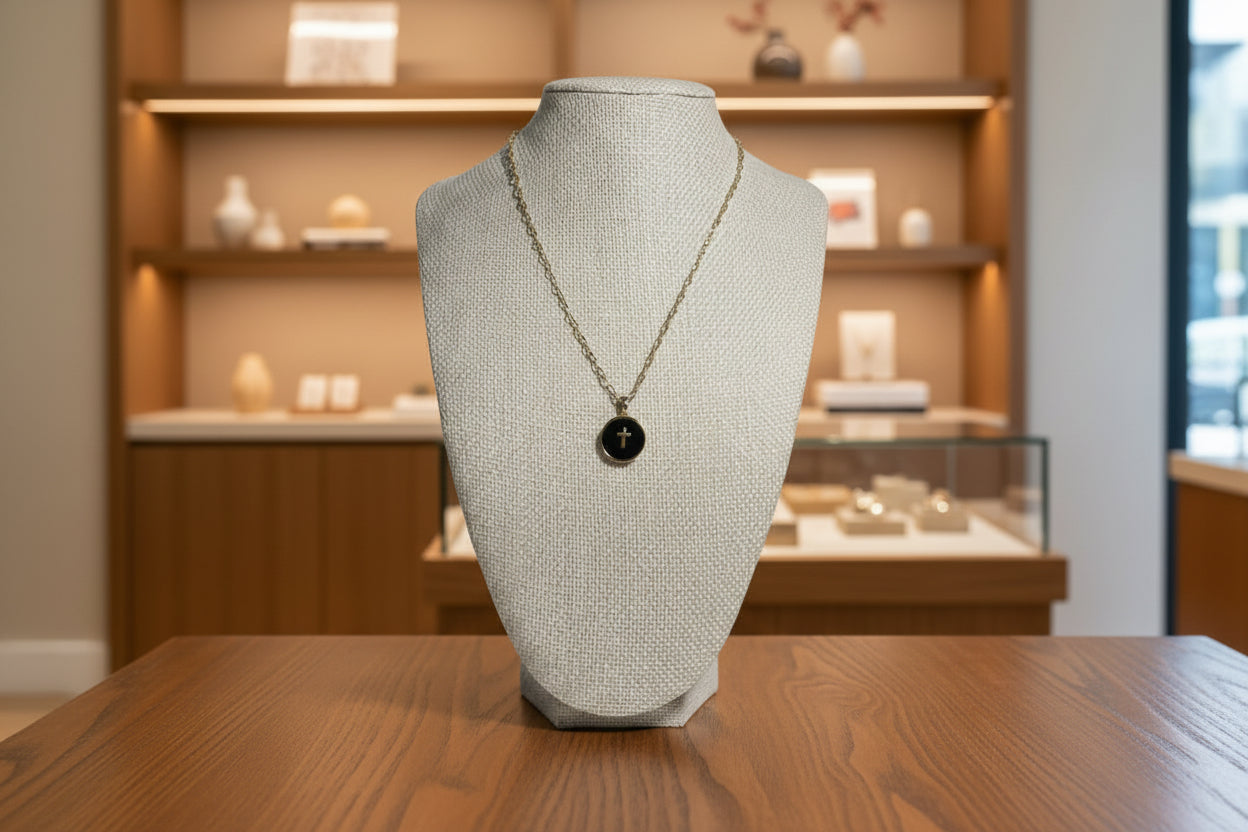 Gold Dipped 16” Chain Cross with Onyx Coin/Cross Pendant