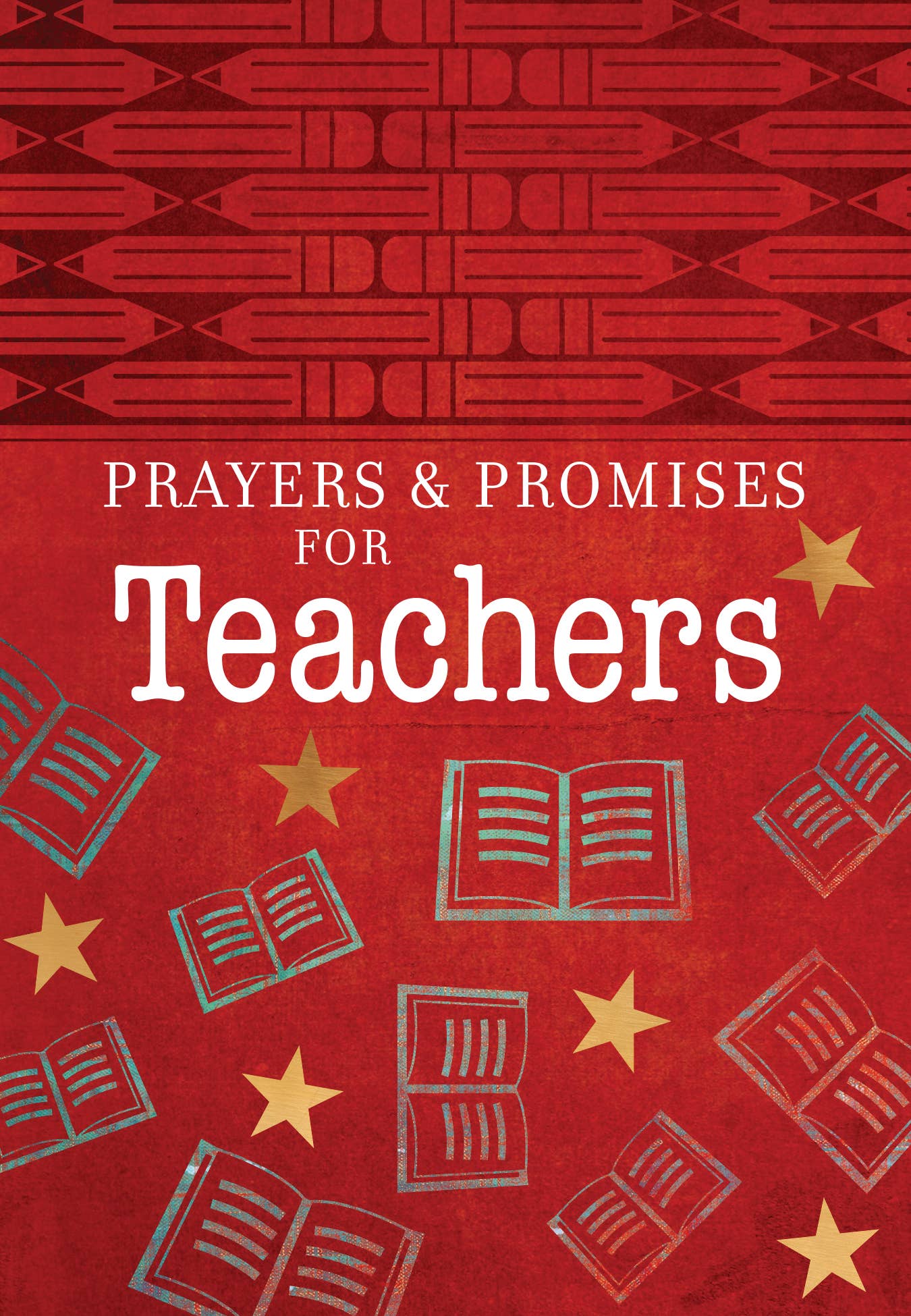 Book cover with 'Prayers & Promises for Teachers' text on a red background with star and book illustrations.
