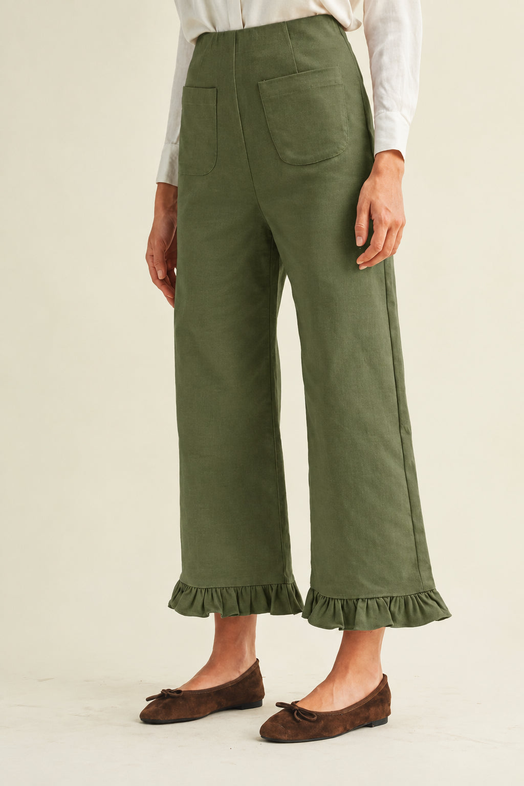 Stretch Front Pocket Ruffle Hem Twill Pants