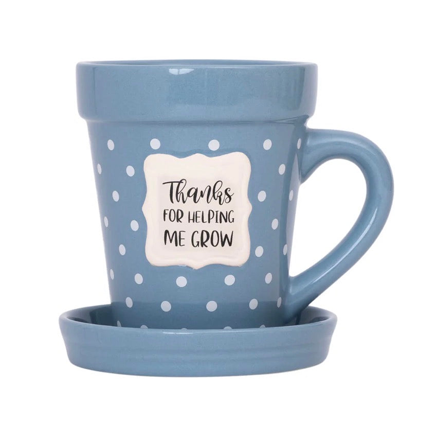 Flower Pot Mug “Thanks for Helping me Grow” with saucer and spoon