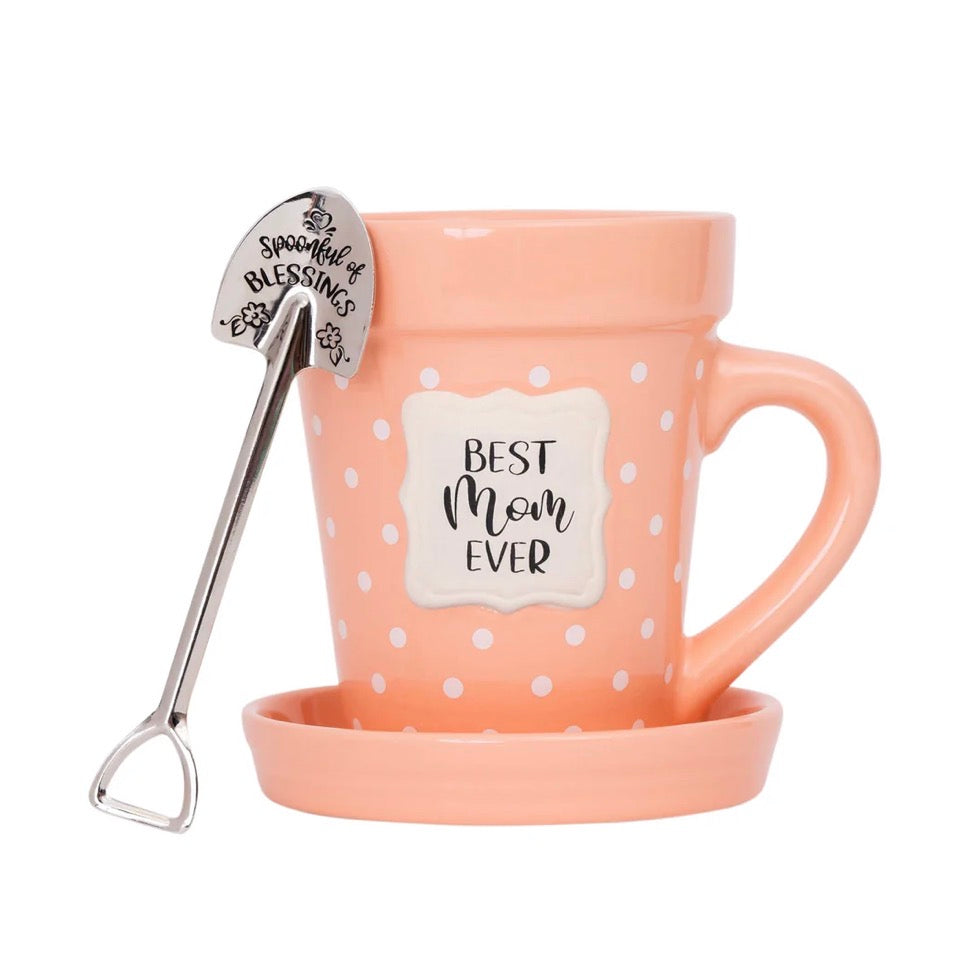 Flower Pot Mug “Best Mom Ever’ with saucer and spoon