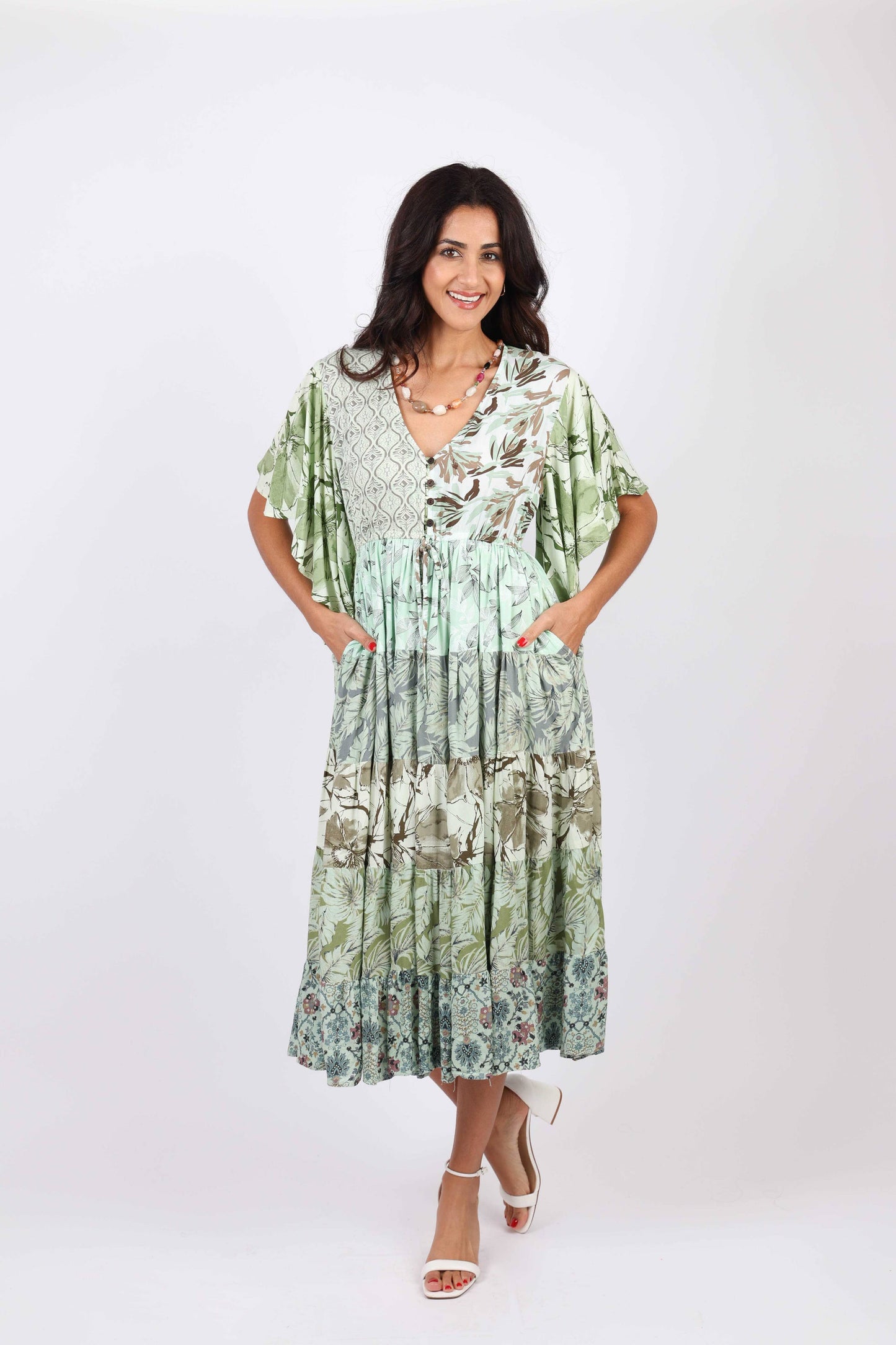 Flutter Sleeve Boho Dress: Mint Meadow Patchwork