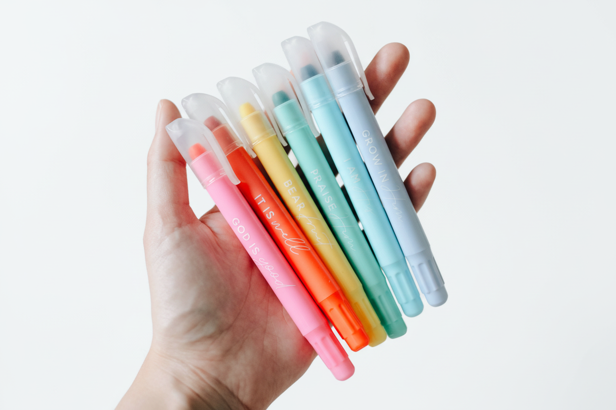 Hand holding colorful gel pens with a blurred background of a cup and flowers.