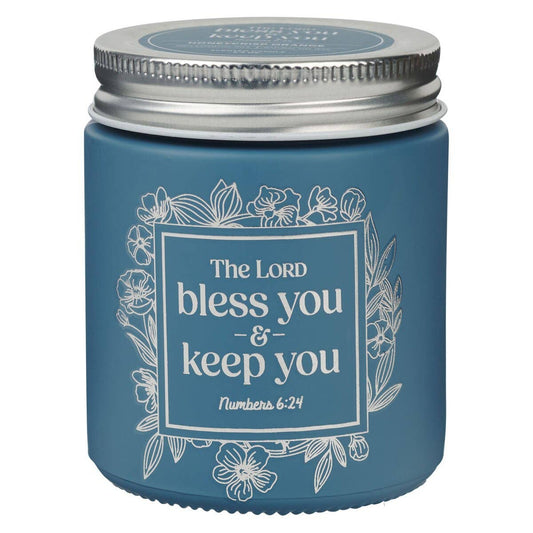 Glass Candle w/Screw Top Lid Blue Bless\Keep You Num. 6:24
