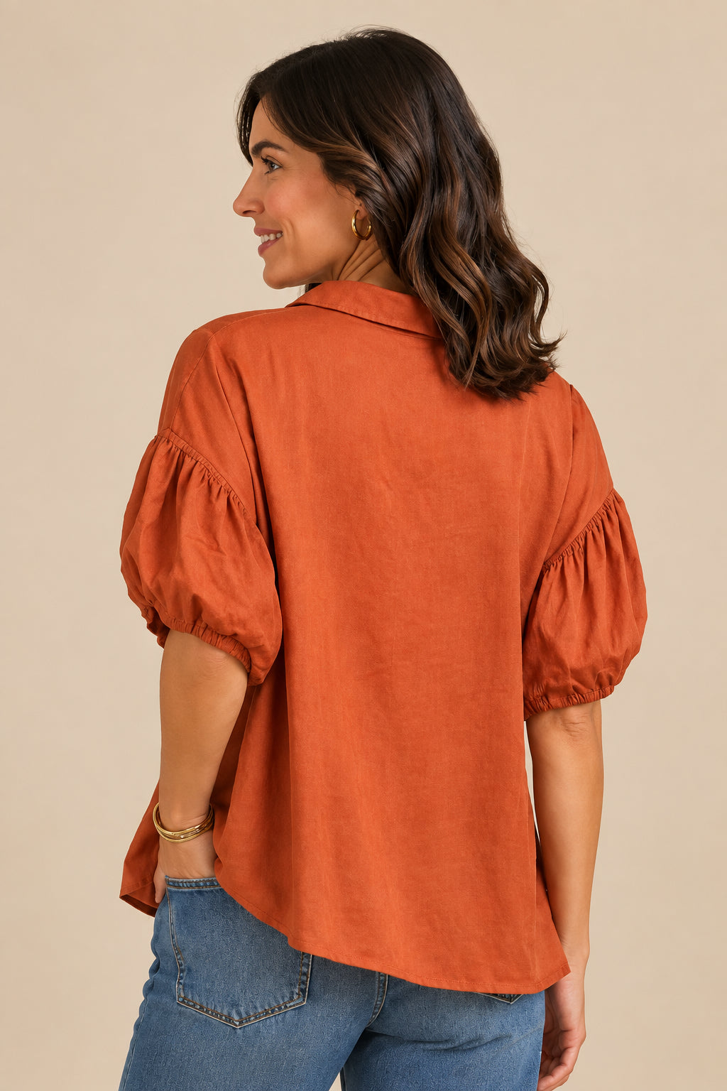 Tencel Puff Sleeve Button Front Shirt - Bombay Brown