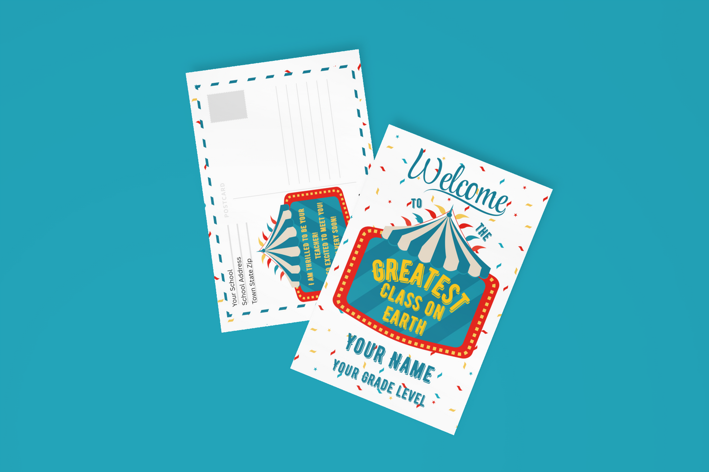 Back to School Carnival Themed Personalized Postcards for Students Back to School Note Cards from Teacher Classroom Notecards