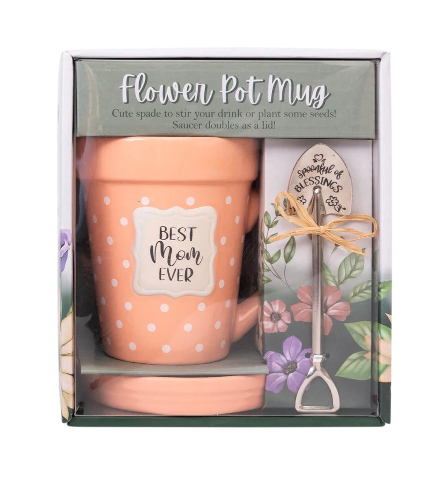 Flower Pot Mug “Best Mom Ever’ with saucer and spoon