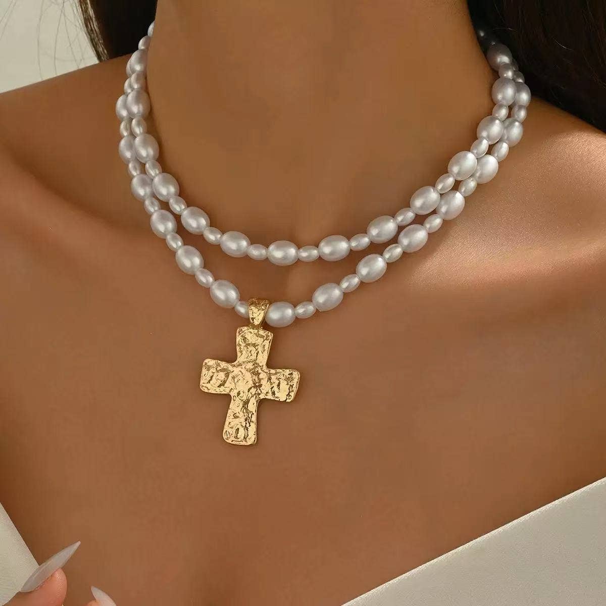 Cute Layered Cross Pearl Necklace for Women