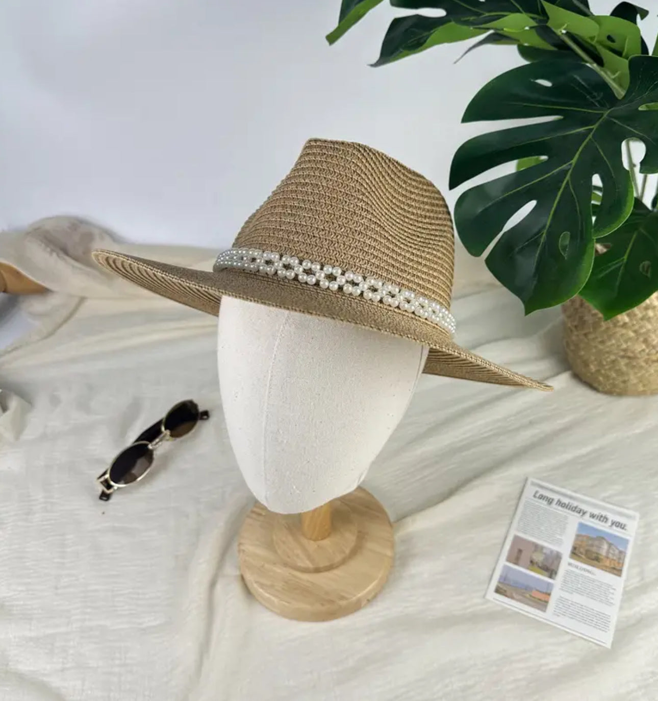 "Coastal Charm" Elegant French-Style Straw Sun Hat With Faux Pearl Chain - Wide Brim Panama Jazz Cap