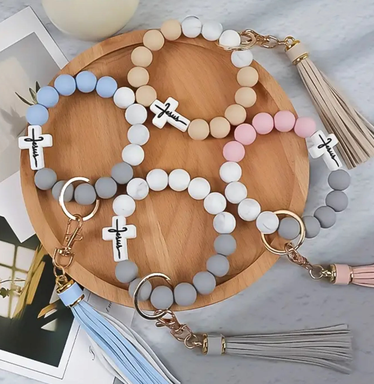 Pastel Silicone Bead Wrist Keychains with Tassel, Lobster Bead Embellished Keychain