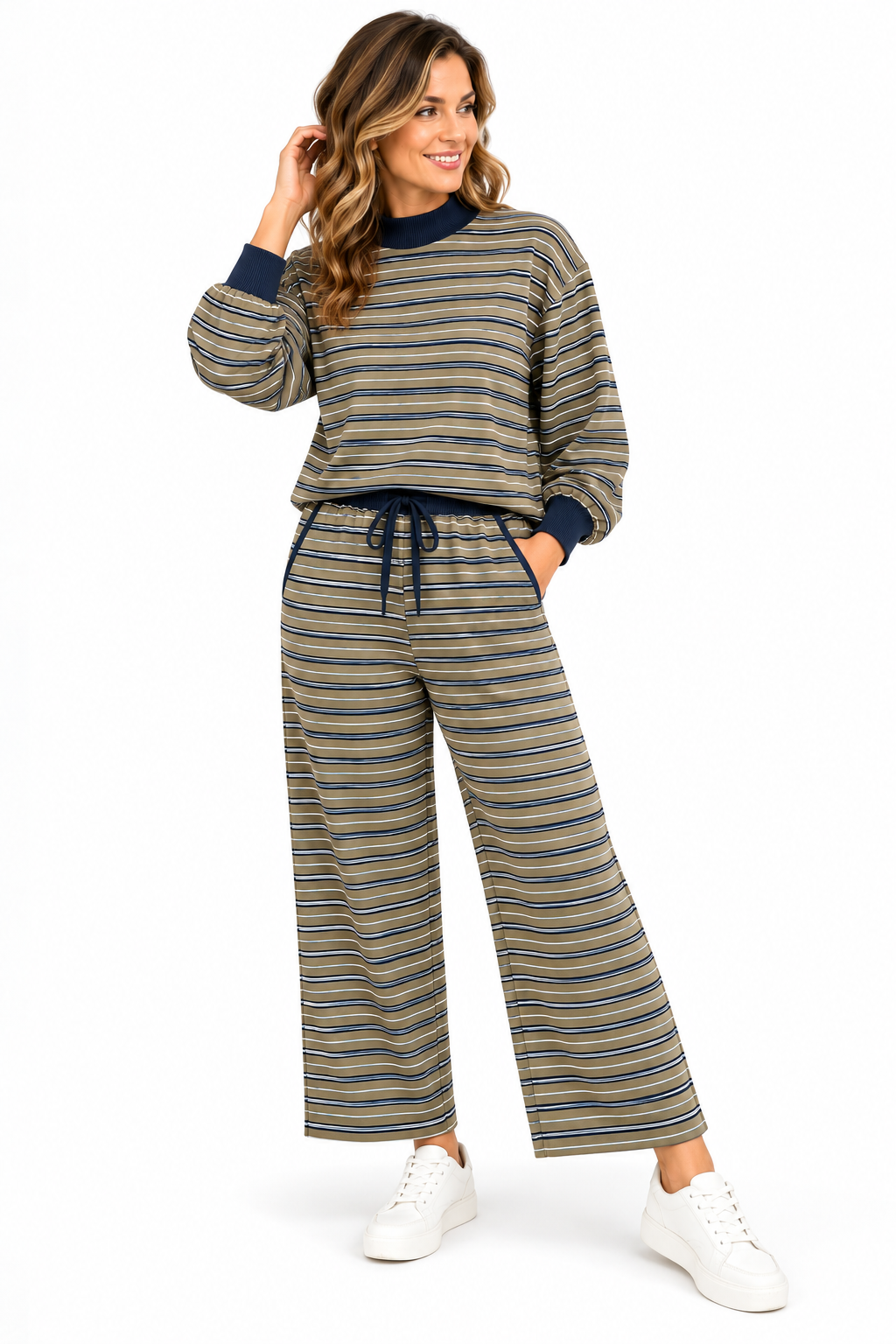 Women's Olive Striped Mock Neck & Ankle-Length Wide Leg Pants Set