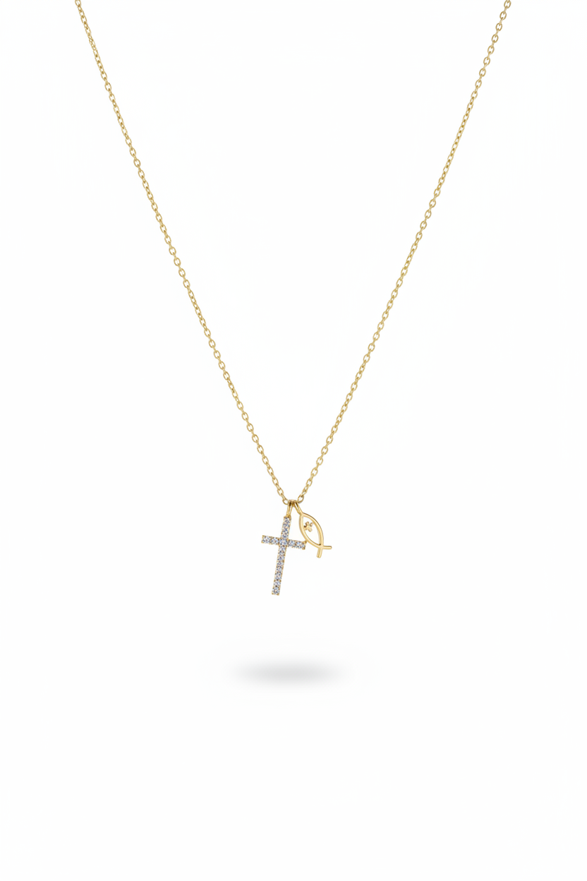 Gold necklace with a cross pendant on a white background
