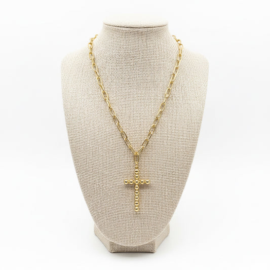 18K Gold Dipped Paper Clip Chain Beaded Cross Pendant (18”)