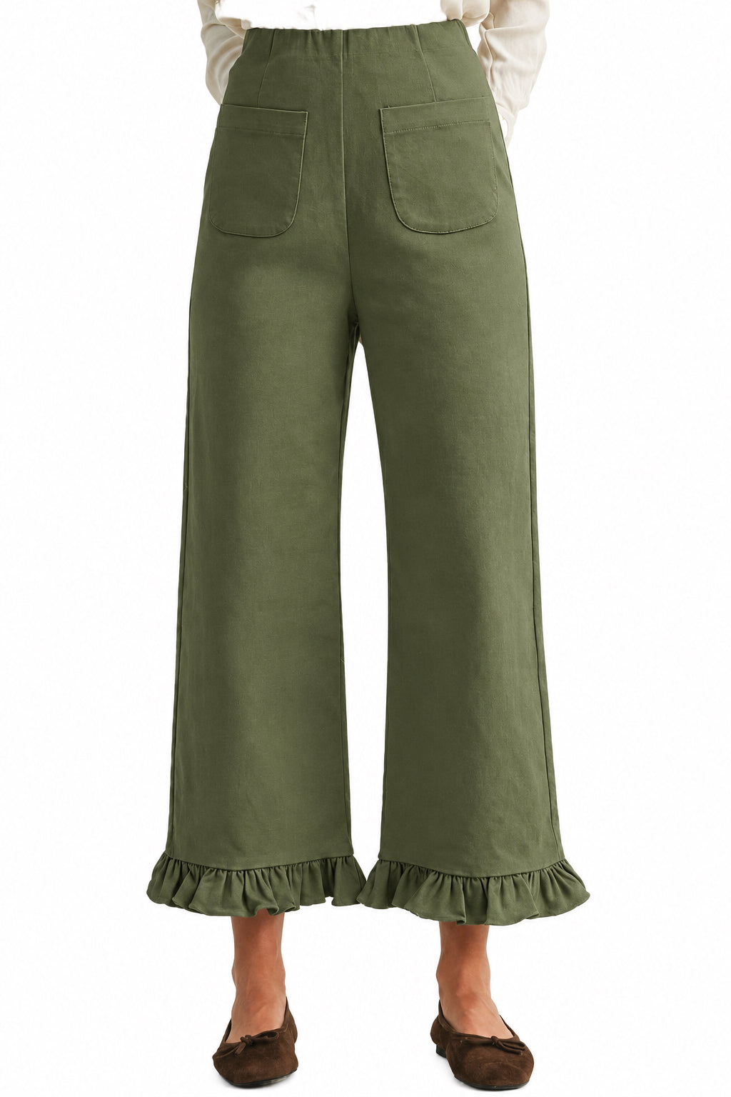 Stretch Front Pocket Ruffle Hem Twill Pants