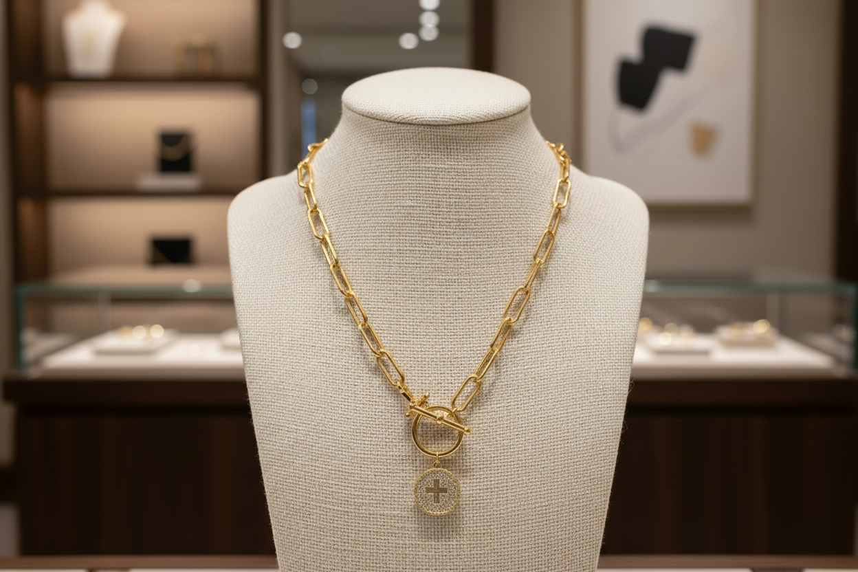 Gold necklace on a mannequin bust in a jewelry store setting