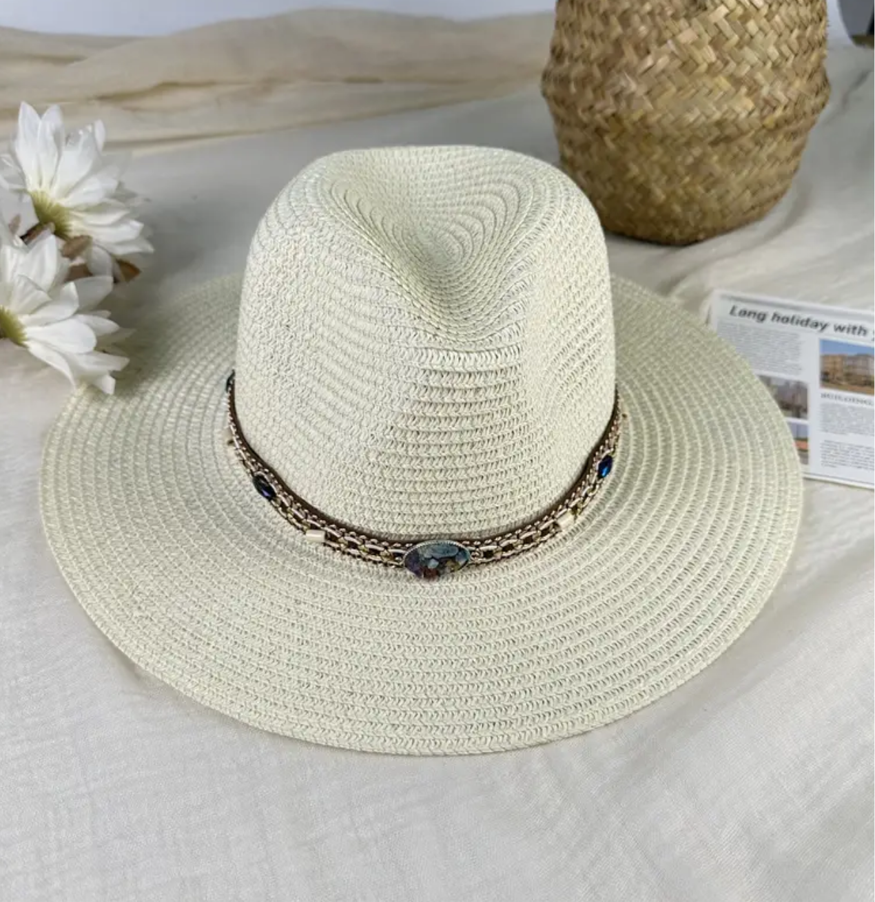 Beige Boho Chic Wide Brim Breathable Straw Sun Hat with Stylish Beaded Removable Hat Band- Provides Uv Protection and is Perfect For Beach & Casual Wear