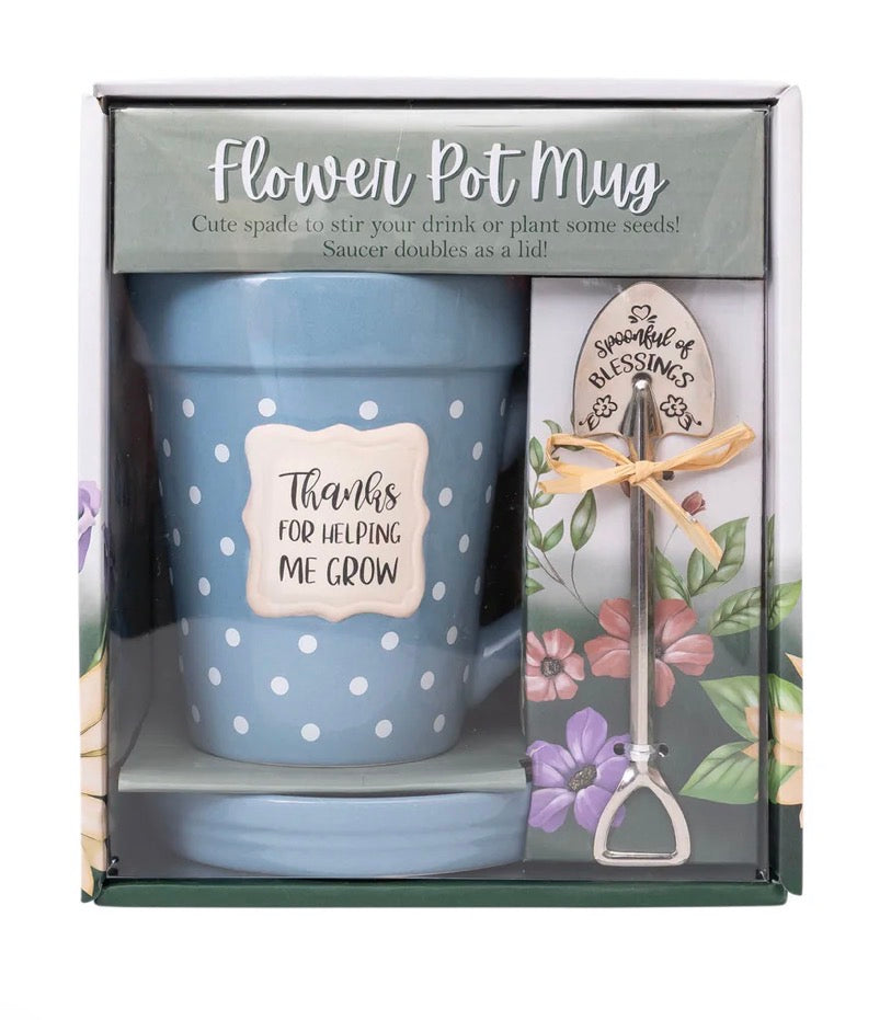 Flower Pot Mug “Thanks for Helping me Grow” with saucer and spoon