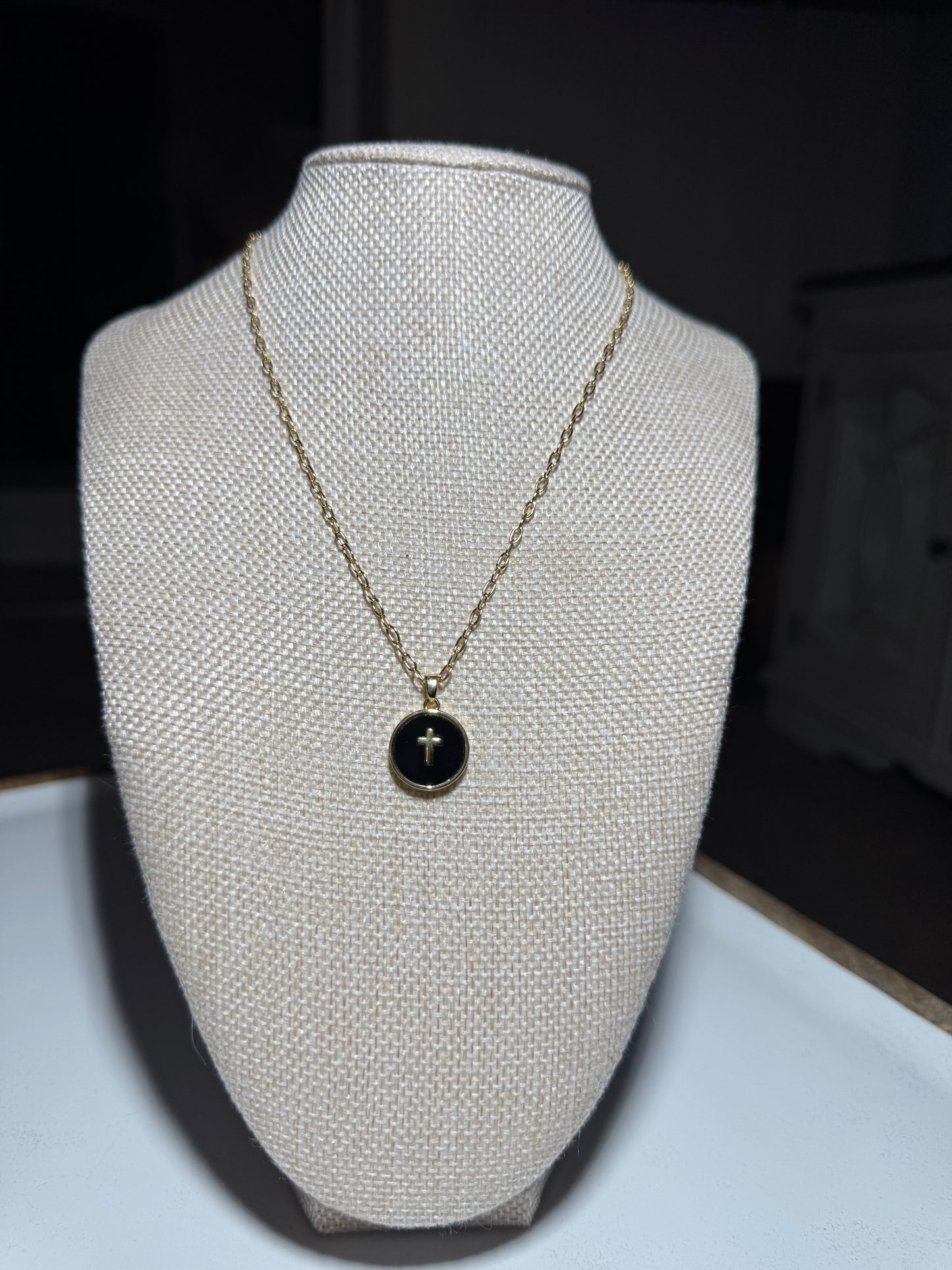 Gold Dipped 16” Chain Cross with Onyx Coin/Cross Pendant