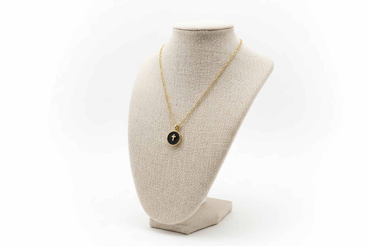 Gold Dipped 16” Chain Cross with Onyx Coin/Cross Pendant