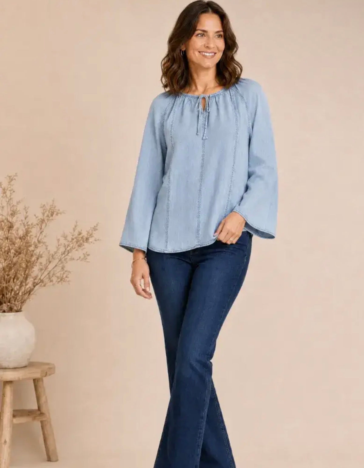 Bleach Wash Tencel Tie Front Raglan Sleeve Blouse