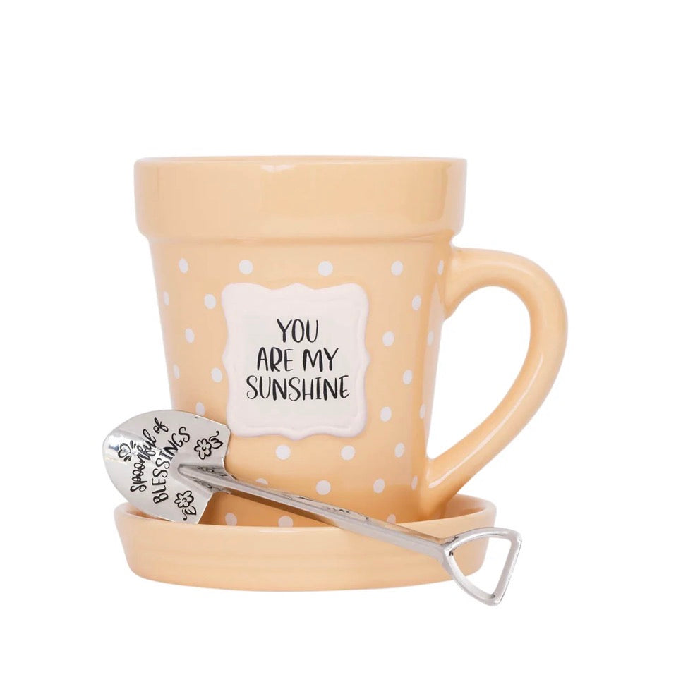 Flower Pot Mug “You are my Sunshine’ with saucer and spoon