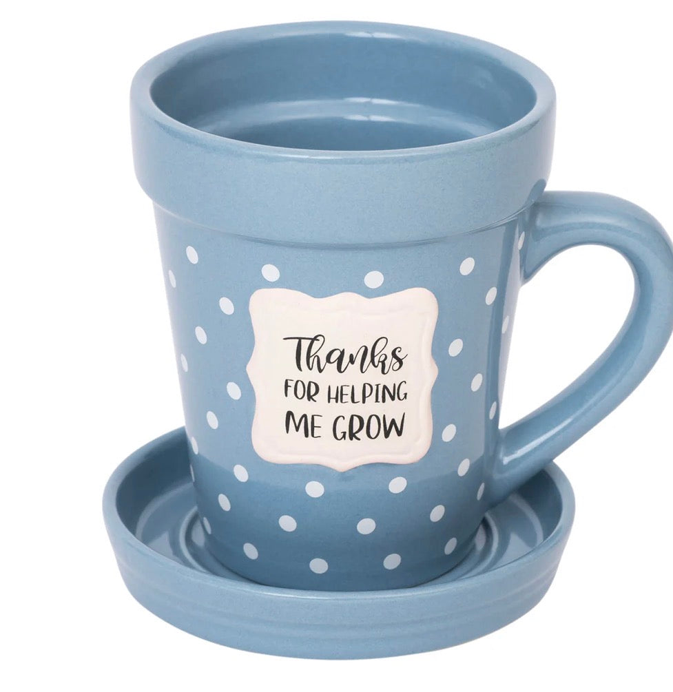 Flower Pot Mug “Thanks for Helping me Grow” with saucer and spoon