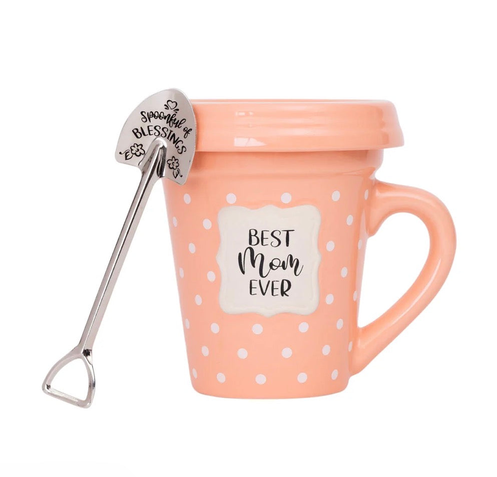 Flower Pot Mug “Best Mom Ever’ with saucer and spoon