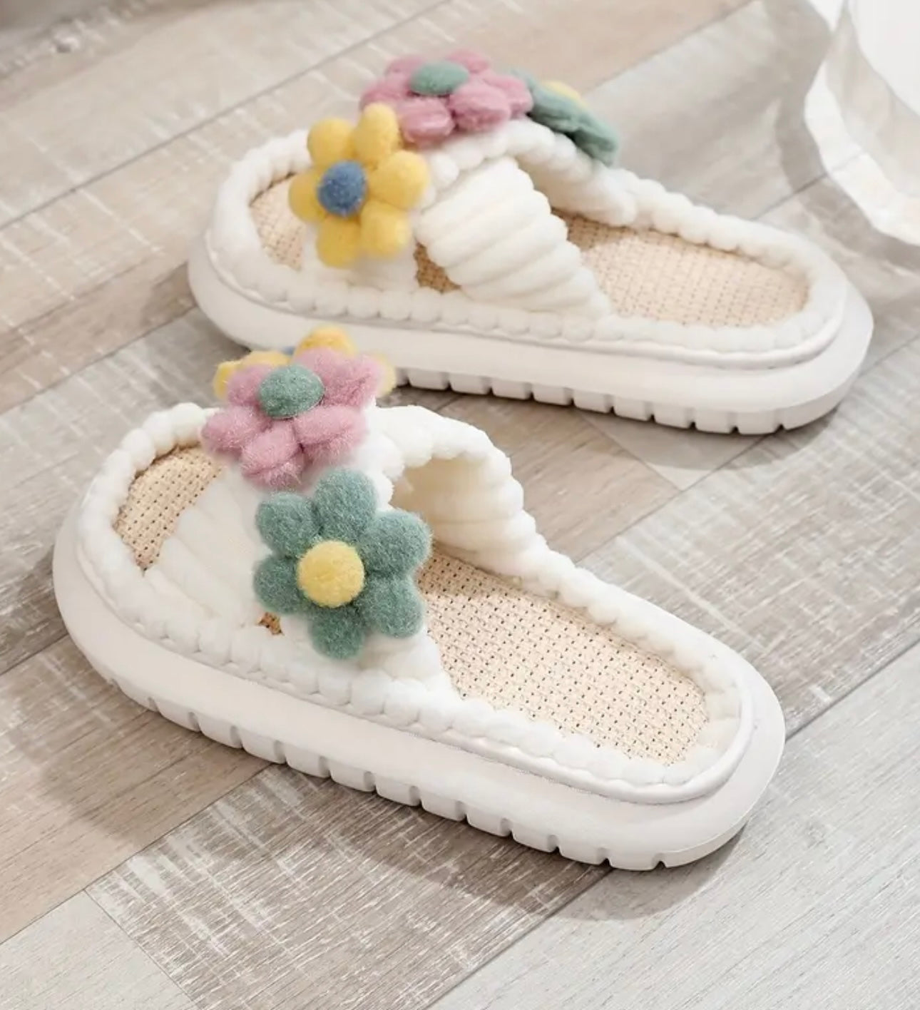 Plush and Cozy Flower Accented Open Toe Comfort Slip-On Slippers