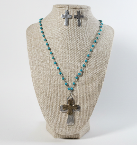 Beaded Double‑Cross Necklace & Earring Set