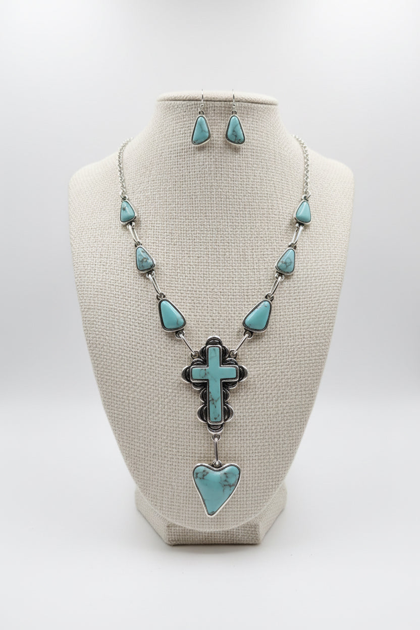 Turquoise Marbled Stone Necklace & Earring Set — Silver‑Tone Southwestern Cross with Heart Drop