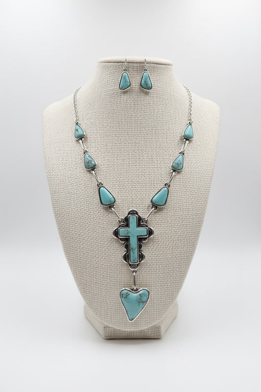 Turquoise Marbled Stone Necklace & Earring Set — Silver‑Tone Southwestern Cross with Heart Drop